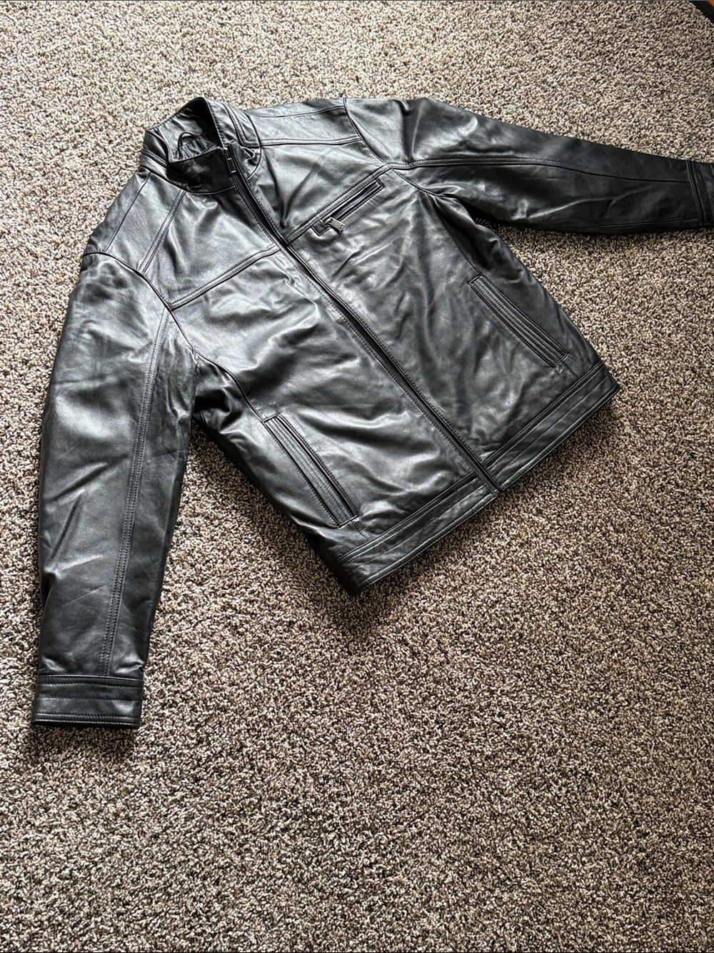 Men's Vintage Black Leather Zip-Up Bomber Jacket - Picture 2 of 9